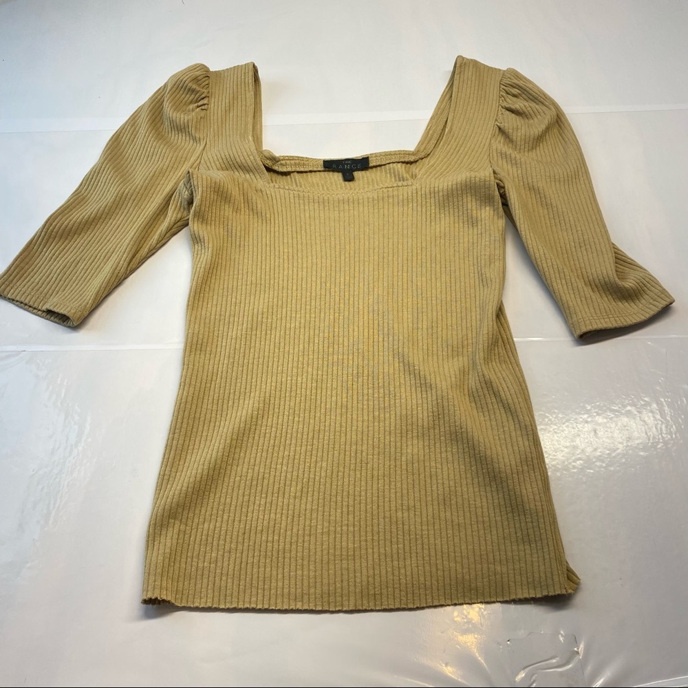 THE RANGE Ribbed Knit Puff Sleeve Neutral Classic Top  Beige Tan Size Small - Picture 17 of 17